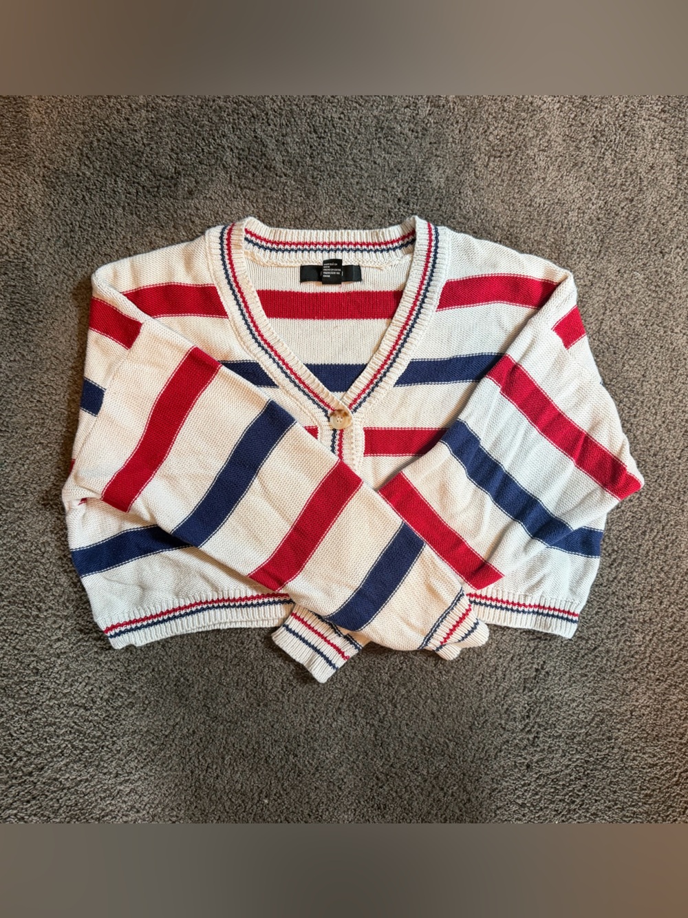 Forever 21 Striped V-Neck Cardigan - White, Red & Blue